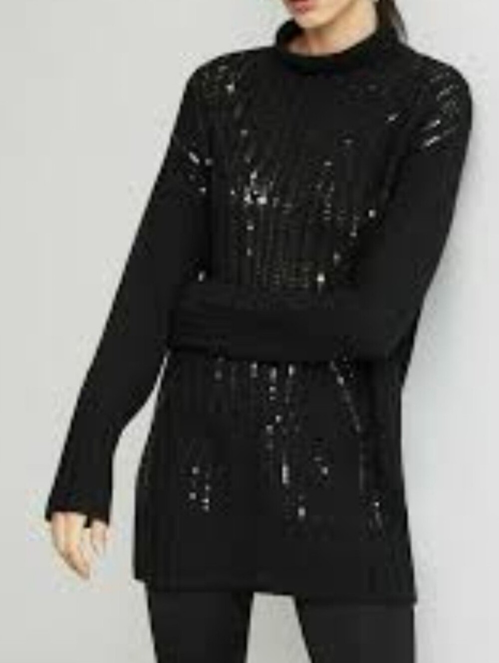 BCBGMAXAZRIA Black Pointelle Sequin Turtleneck Tunic Sweater. NWT Small